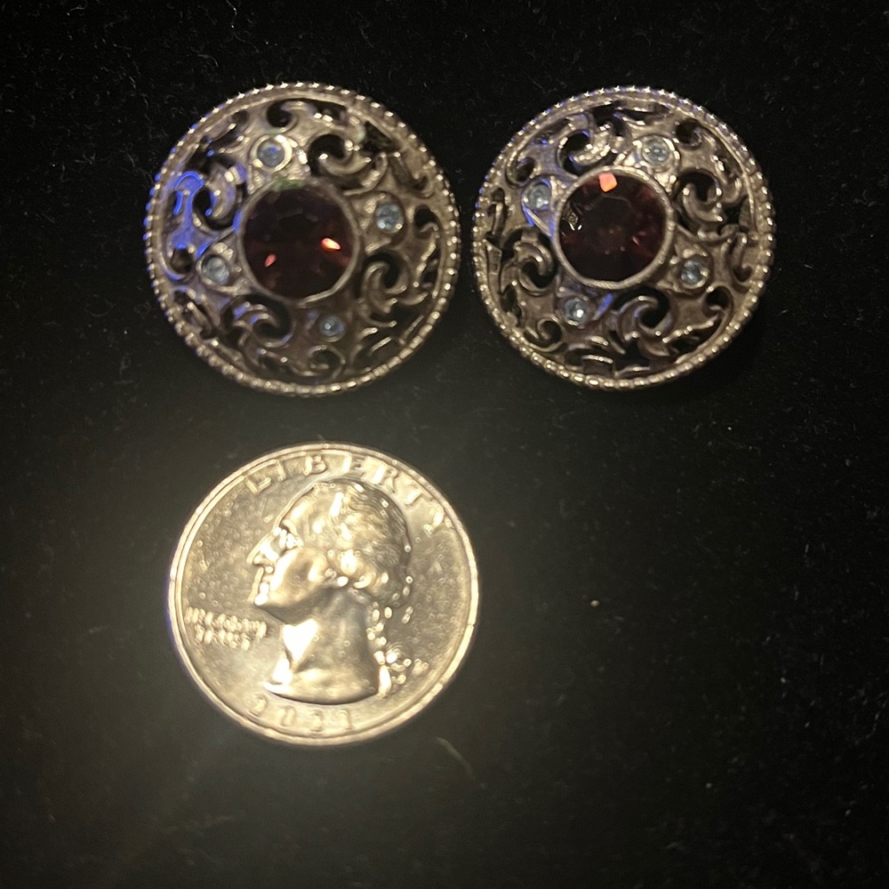 Vintage 1960s Pierced Earrings - Scottish Filigree motif faceted stones